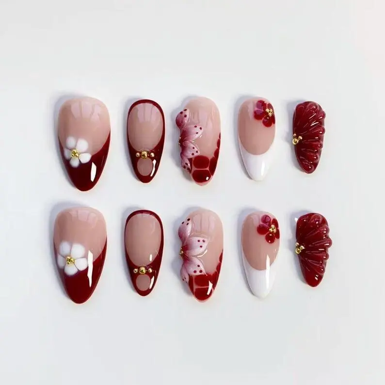 Burgundy Blooming Flower Nails press on long almonds/Elegant nails/Croc nails/Red French nails/3D Gel Nails/Holiday Nails/Daily nails