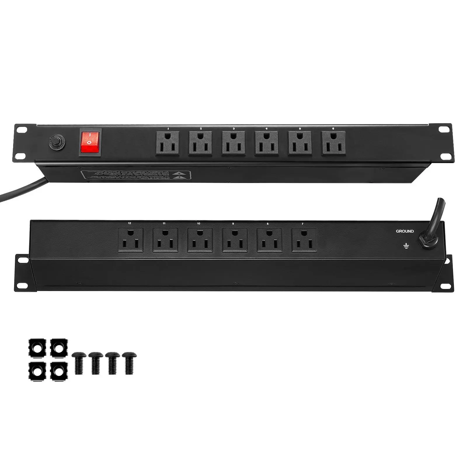 【summerfinds】VEVOR 1U PDU, 12 Outlets, Rack Mount Power Strip Fits Standard 19" Server Racks, with Integrated Switch Surge Protection & Overload Protection, 110-125V/15A, Ideal for Home and Office, Overload Protection Plugs, Power Strip Plugs