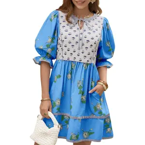 Imily Bela Womens Casual Floral Mini Dress Summer Puff Short Sleeve Tie Front V Neck Patchwork Loose Boho Shirt Dresses