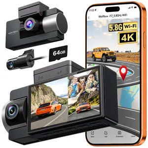 WOLFBOX i17 4K 3 Channel Dash Cam, 5.8GHz WiFi & GPS with 64GB Card, 4K+1080P+1080P Dash Cam Front and Rear Inside, Triple Car Camera with 3 Inch Screen, IR Night Vision, WDR, 24H Parking Mode