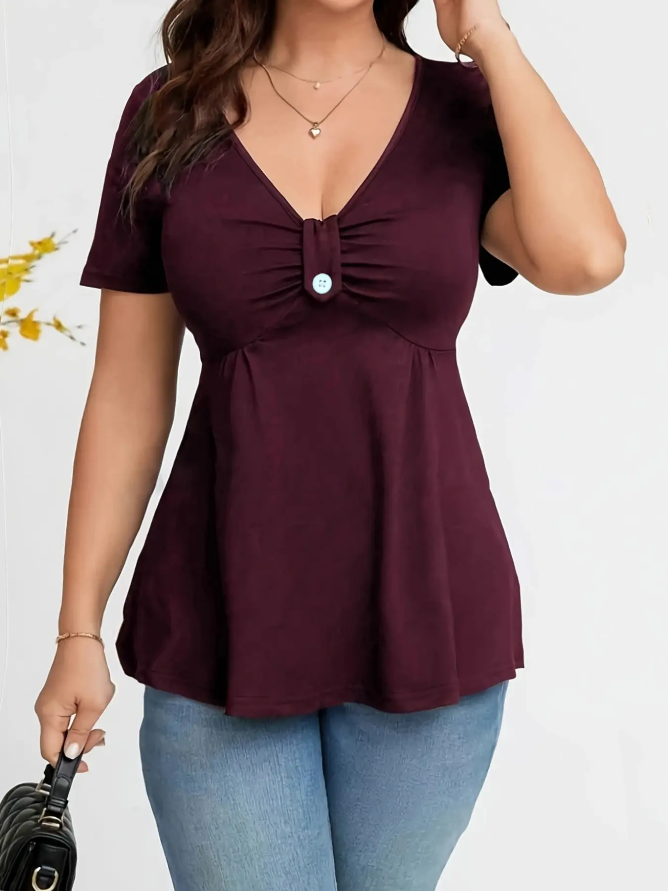 Plus Size Plain V Neck Button Pleated Waist Short Sleeve T-Shirt, Elegant Slim-Fitting Top, Casual Versatile A-Line Shirt, Fitted, Womenswear