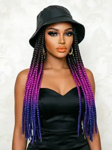 Long Ombre Light Purple Dark Blue Synthetic Havana Mambo Twist Braided Hair Extensions Cap Wig Spring Braiding With Bucket Hat Braided Hair Wigs