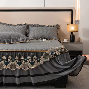 3pcs Quilted Lace Bedskirt Set, Includes 1 Bedskirt and 2 Pillowcases, Thick Stitched Mattress Protector