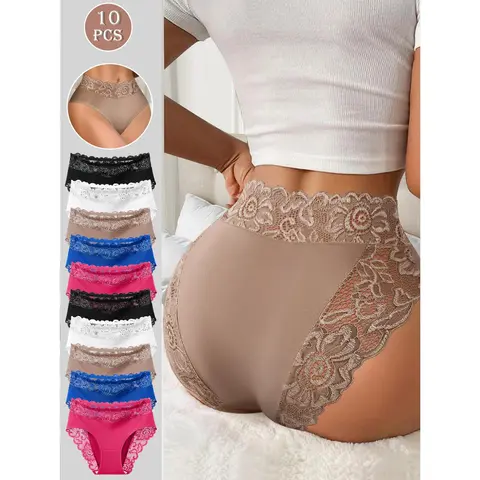 QUASTI 10 Pack Women's Mid Waisted Seamless Sexy Lace Briefs, Skin-friendly Hip Lifting Full Coverage Breathable Anti Roll Edge Panties, Multi Colored Minimalist Fashionable Elegant Daily Underwear, S-XXL, Style, Fabric, Smooth, Soft, Lingerie, 10 Pcs/5 M
