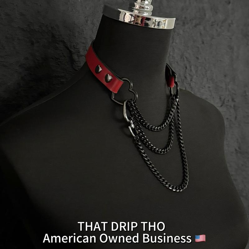 ThatDripTho Lucky Red Leather with Thick Chains, Movable Pulling Chain Daily Wear Leather Necklace Choker Punk, gothic-inspired accessories slipchaincollarwomen necklaces choking necklace male accessories gothic jewelry necklaces for women collar