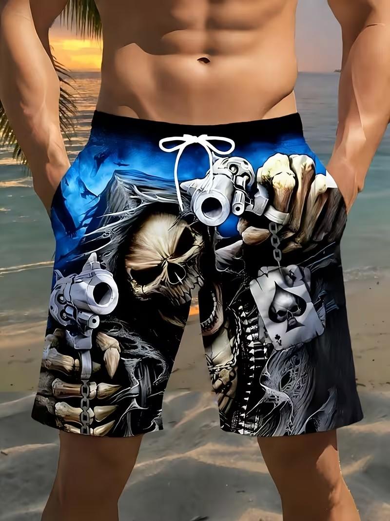 Men's Digital Print Skull and Gun Graphic Beach Shorts Lightweight Polyester Drawstring Waist Swim Trunks for Summer Swimming Gym Golf Fishing Basketball Camping Outdoor Activities Stylish Patterned Swimwear Menswear