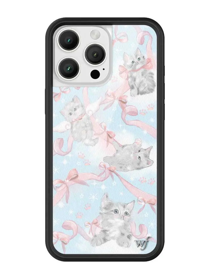 Kitten Around | Limited Edition iPhone Case | Raised Protective Black Bumper | Women Owned Small Business | Sky Blue Light Cloudy Backgrounds Baby Pink Ribbons Gray Kittens | Safety Casing Protective | Cellphone Cute Aesthetic