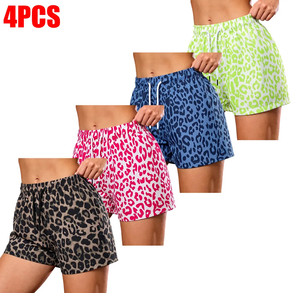 Women's 4PCS Cheetah Print Fitness Shorts - All Over Print Animal Graphic Assorted Color Shorts, Quick-Drying Breathable Comfortable Fabric, Summer Sportswear for Indoor & Outdoor Wear, Cheetah Print Shorts