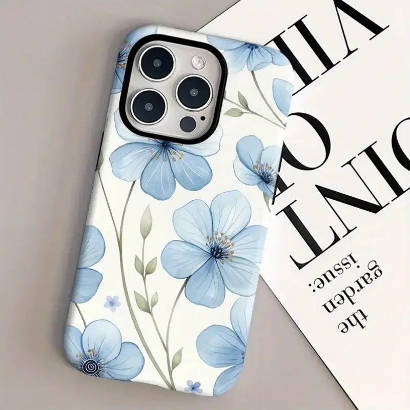 A stunningly beautiful double-layered protective case with a blue floral design. Durable and sturdy, this 2-in-1 case is compatible with iPhone 17/16/15/14/13/12/11 Pro Max/Plus/Pro and Samsung Galaxy S25/S24/S23 Ultra series. Ideal for couples.