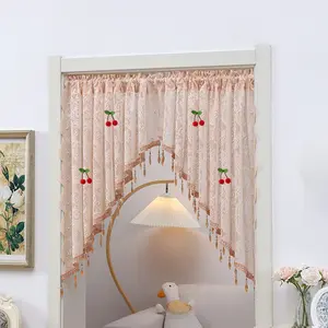 New Fan Tail Lace Sheer Curtain with Beaded Trim Arched Triangle Half Curtain for Balcony Kitchen Decor Room Divider