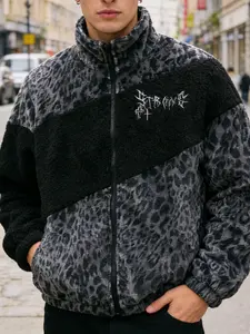 Men's Leopard Print Patchwork Loose Fit Jacket Coat, Fall Winter Fleece Lined Thickened, Unisex Fashion Outerwear, Essential Wardrobe Item