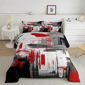 Luxury Abstract Pattern Microfiber Bedding Set - Unique Modern Art Aesthetic Abstract Comforter, Red Grey Black Design, Microfiber Softness, Super Soft Textiles for Bedroom