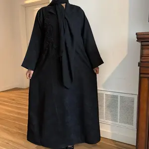 Safa Black Open Abaya with Intricate Floral Embroidery and Elegant Design