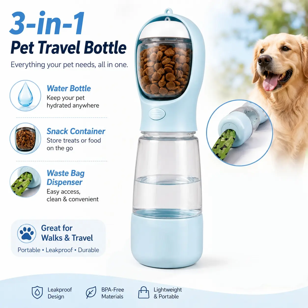 【Back to School】3 in 1Dog Water Bottle with Food Container, Travel Puppy Water Bowl, Portable Pet Dispenser, Pet Accessories, Automatic Feeding, Puppy Essentials for Walking and Hiking, Built-in Waste Bag Storage at Bottom, Suitable for Dogs & Cats-MM1