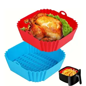 2 Pieces Square Silicone Air Fryer Liners 8-inch Reusable Pots for 4 to 7 QT Oven & Microwave Accessories Red Blue
