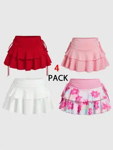 Women's Solid & Floral Print Ruffle Trim Flared Skirt, Casual Fashion Short Skirt for Daily Wear, Ladies Summer Bottoms