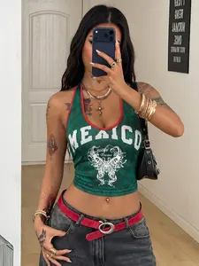 Green Mexico Butterfly Print Halter Crop Top, Retro Y2K Streetwear Vibe. V-neck with red trim, slim fit, cropped length, vintage-inspired graphic. Perfect for casual days, night out, summer hangouts, festival looks, and street style outfits.
