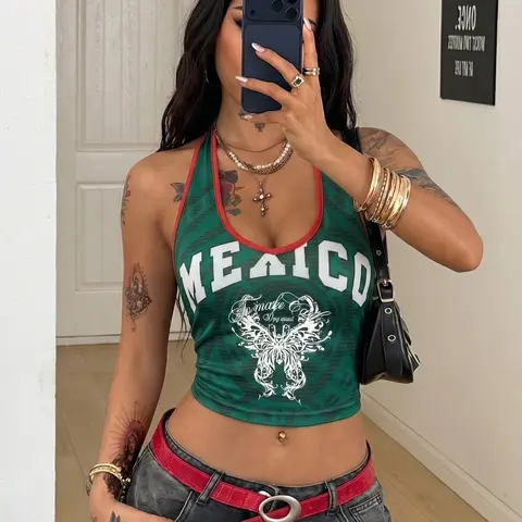 Green Mexico Butterfly Print Halter Crop Top Women, Retro Y2K V-Neck Slim-Fit Cropped Tank with Red Trim for Summer Streetwear, Stylish Halter Neck