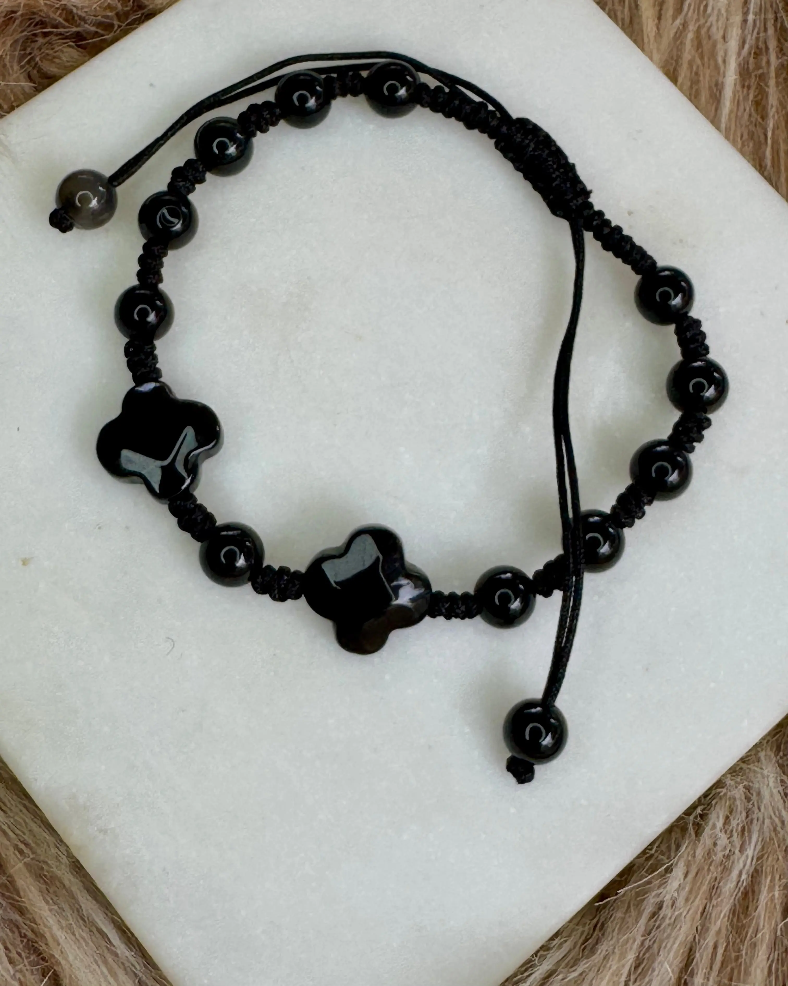 Black Obsidian Flower Adjustable Bracelet