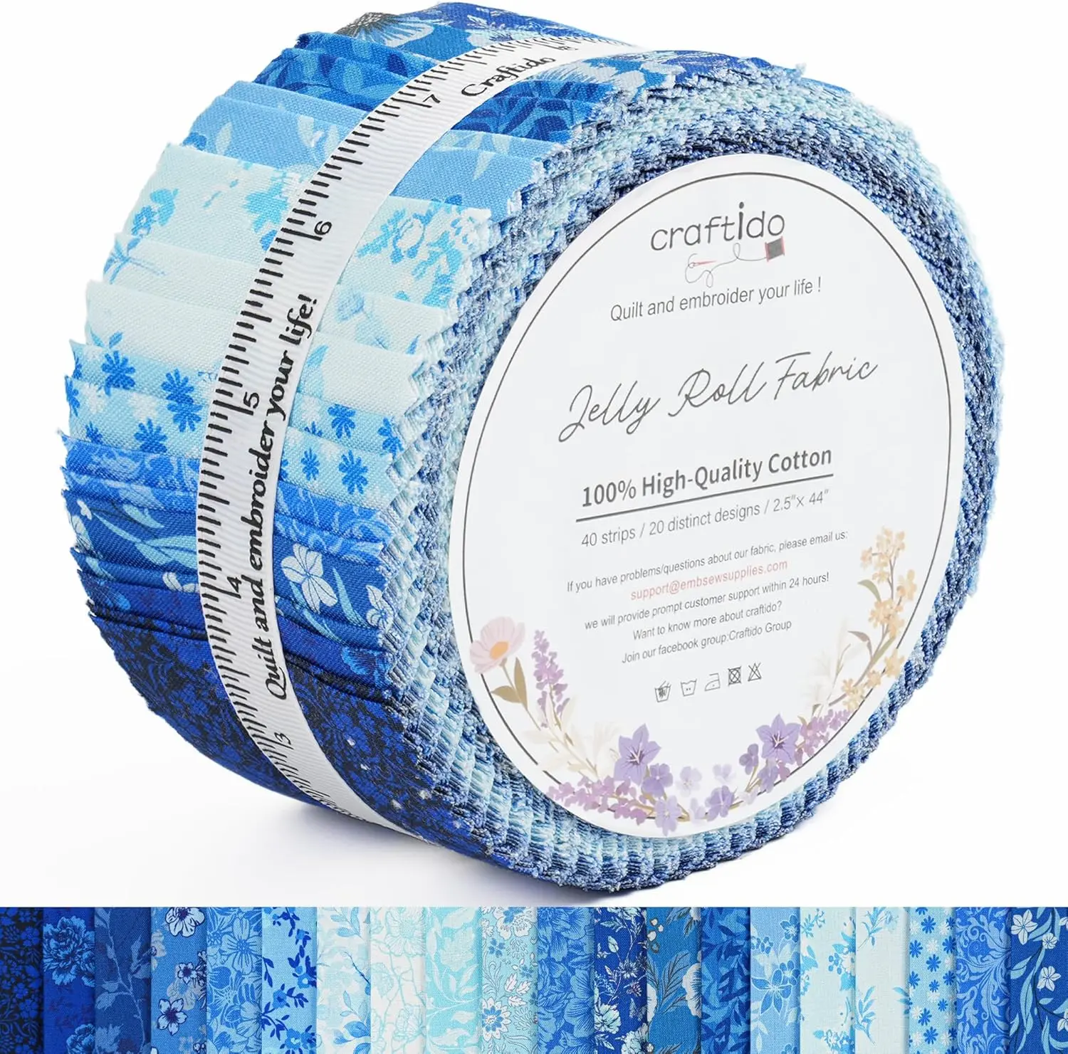 Newbrothread&Craftido 100% Cotton Jelly Roll Fabric 40 Strips 2.5" x 44" Timeless Blue for Quilting Crafting Sewing DIY Home Decor, TikTokShopDealsforYouDays,, Durable Breathable Fabric, Cotton Fabric Fabric