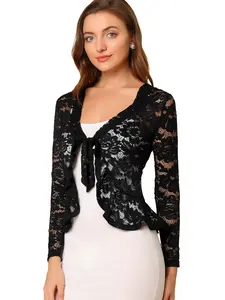 INSPIRE CHIC Floral Lace Shrug Tie Front Top Ruffled Hem Sheer Crop Bolero Cardigan