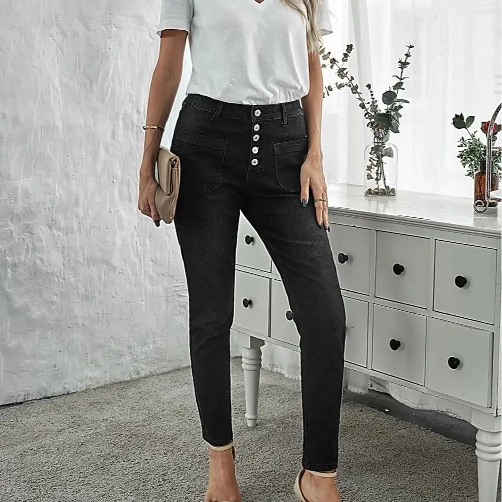 Black High Rise Button Jeans