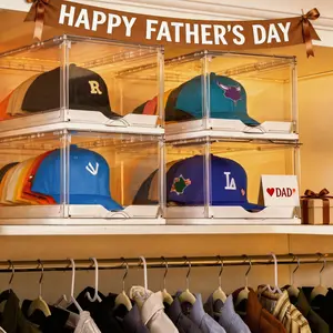 【Father‘s Day Gifts】Vtopmart 2-4 Pack Hat Organizer for Baseball Caps, Clear Hats Holder Box with Drawer, Large Cap Storage with Sliding Tray, Transparent Stackable Rack Display Case with Magnetic Door, Each Holds 12 Hats, summerwins