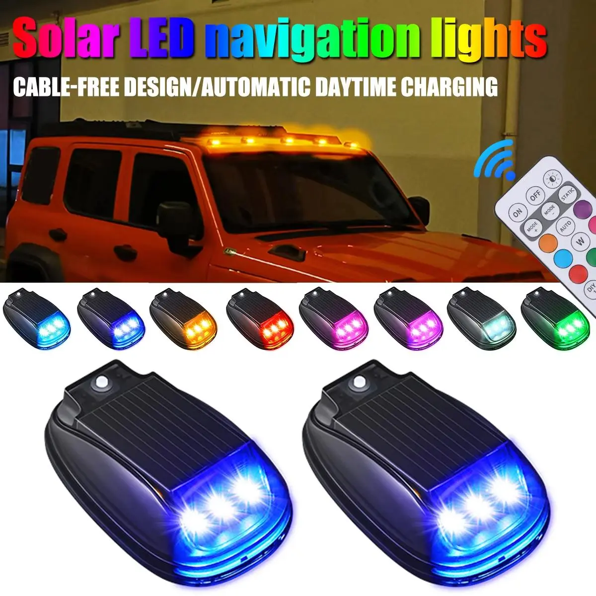 Solar Wireless LED Roof Lights for Trucks & SUVs | 5-Pack 7-Color RGB Strobe Cab Lamps with Remote | No Drill, Automatic Daytime Charging