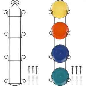 Set of 2 Black Vertical 4-Tier Metal Wall Plate Rack, Wall Plate Holder Display Hanger for Dishes Decorative Collectible Plates Picture Frames Artwork with Screw Fittings