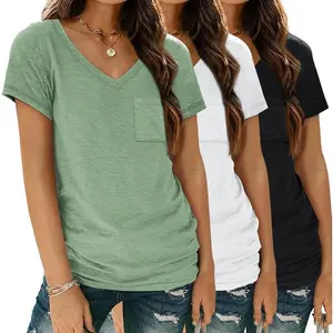 3 Pack Womens V Neck T Shirts Short Sleeve Tees Lightweight Summer Tops with Pocket Casual Womenswear Chic Elegance