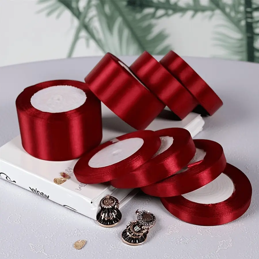 1-pack of burgundy gift wrapping ribbon, 0.39-1.96 inches wide and 25 yards long, suitable for DIY bows, rose crafts, jewelry displays, party decorations, wedding and holiday projects, Creative Gift Packaging, Gift box packaging