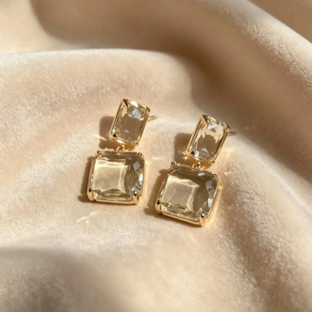 Two-Tier Champagne Square Crystal Dangle Earrings, Gold Frame Double Rectangle Drop Earrings Elegant Wedding Jewelry for Women