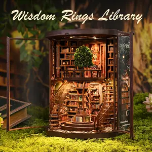 Wisdom Rings Book Nook Kit – 3D Wooden Puzzles for Adults, DIY Miniature Library with LED Lights & Spiral Staircase, Unique Bookshelf Decor, Creative Craft Gift for Book Lovers