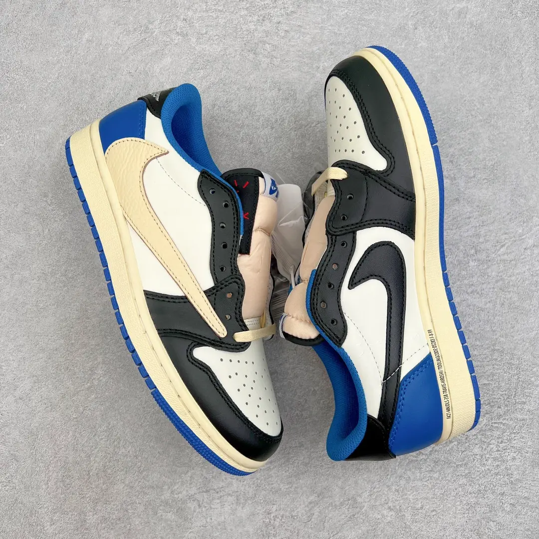 Off White Smooth Leather Low Top Retro Skate Sneakers Mismatched Two Tone Black & Royal Blue Inverted Swoosh Logo Matching Blue Collar Vintage Cream Rubber Midsole Unisex Outdoor Casual Flat Footwear Daily Lifestyle Shoes