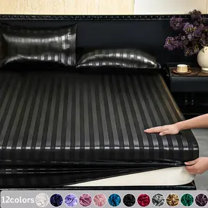 2/3pcs Solid Striped Satin Bedding Set, Silky Soft Breathable Bed Sheets with Fitted Sheet and Pillowcases, Dustproof Mattress Protector, Cooling Skin-Friendly Bedding, Machine Washable, Ideal for Bedroom, Dorm and Hotel, Multiple Sizes Available
