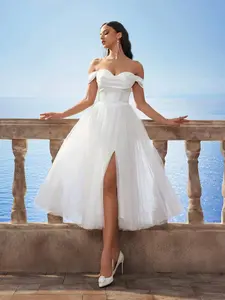 HEARBOBO Women's Off Shoulder Cinched Waist Mesh Romantic Puff Dress, Elegant Bridal Gown For Wedding, Party Spring White