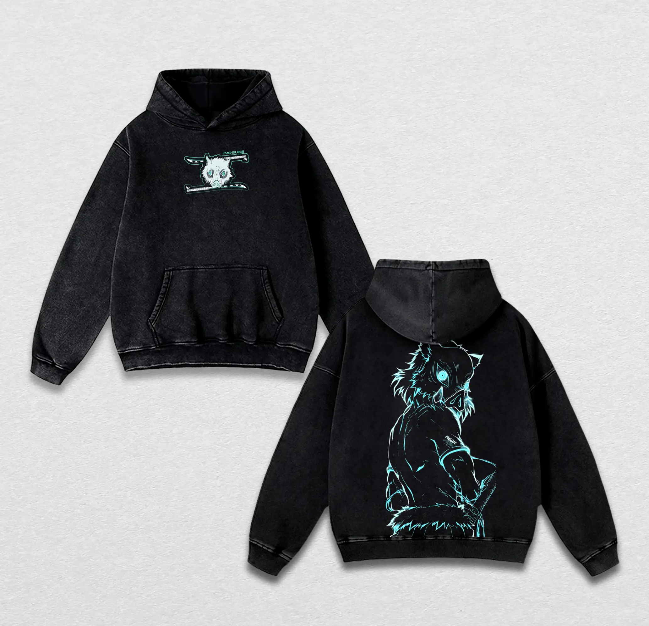 Inosuke Hashibira Washed Hoodie, Demon Slayer Beast Breathing Y2K Unisex Pullover, Retro Vintage Graphic Anime Manga Hoodie, Gift For Anime Fan
