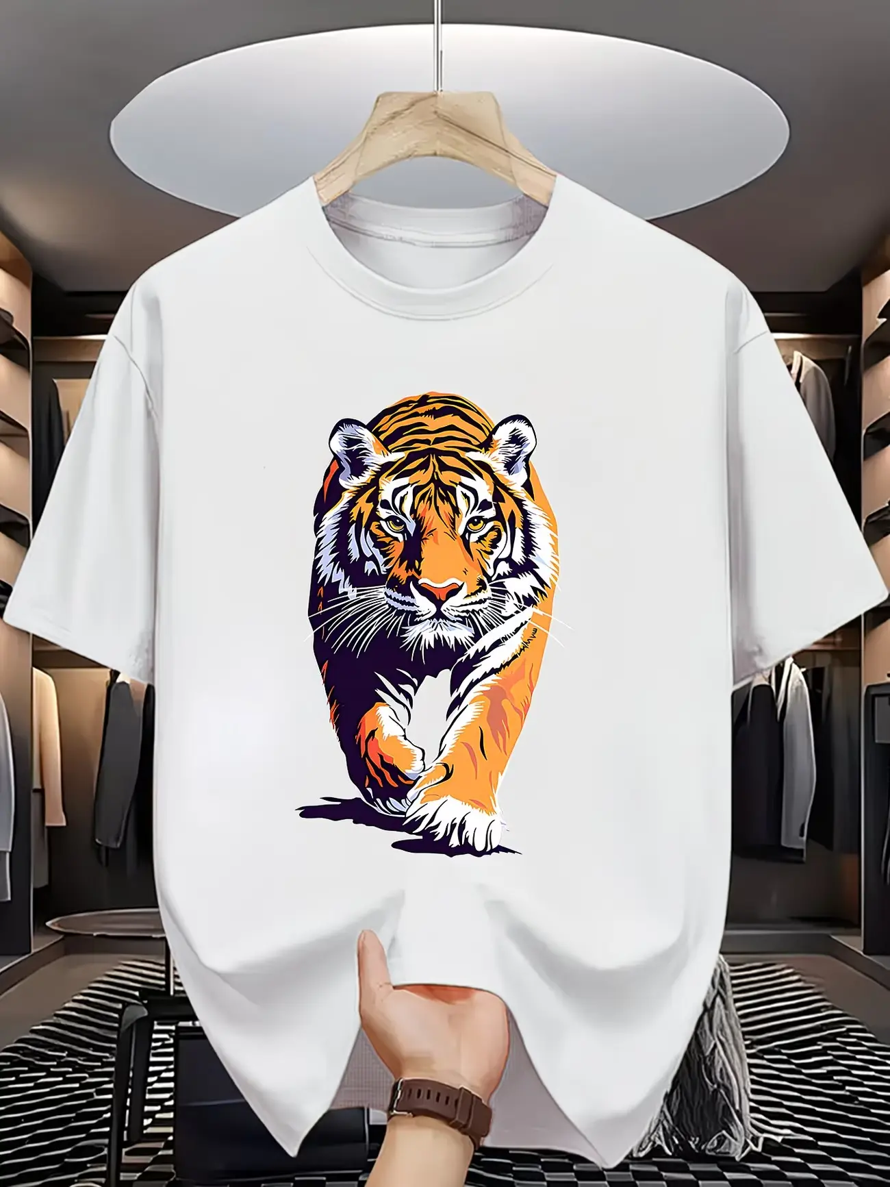 Oversized Walking Tiger Graphic T‑Shirt, Retro Bold‑Color Wild‑Animal Print Unisex Casual Short‑Sleeve Wildlife Street‑Wear Tee for Men Women