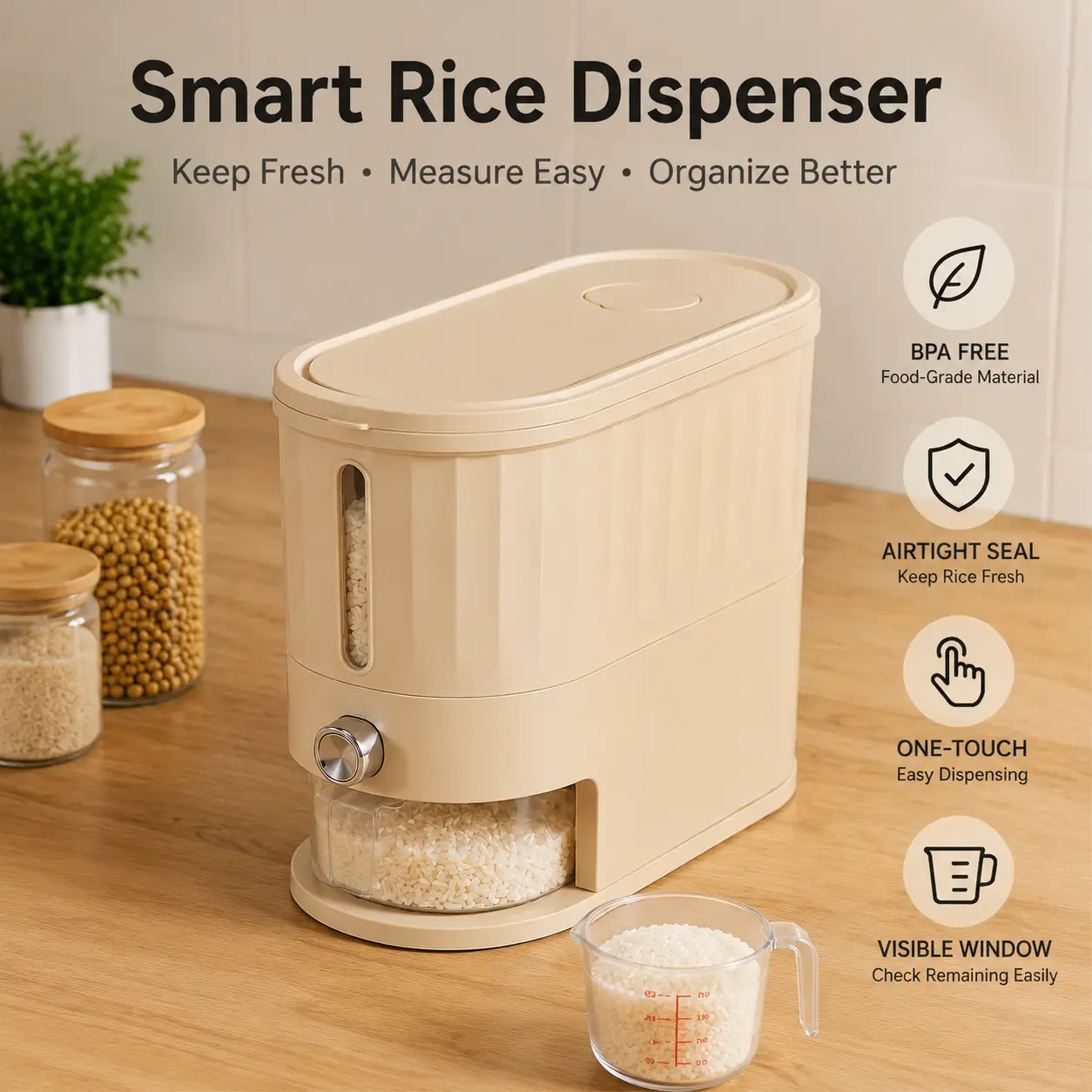 Smart Rice Dispenser Kitchen Storage Container, Airtight Rice Dispenser with Measuring Button, BPA Free Grain Organizer for Rice, Cereal & Dry Food Pantry Storage