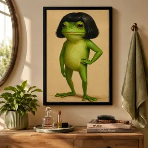 Whimsical Frog Portrait Canvas Poster Funny Animal Abstract  Mimalist Green  Funny Frog Poster Art Print Bob Haircut Kids Playroom Decor Frog Lover Gift Unique Wall Art quirky wall decor opossum humor artwork funny poster unique art decor posters tiktoksh