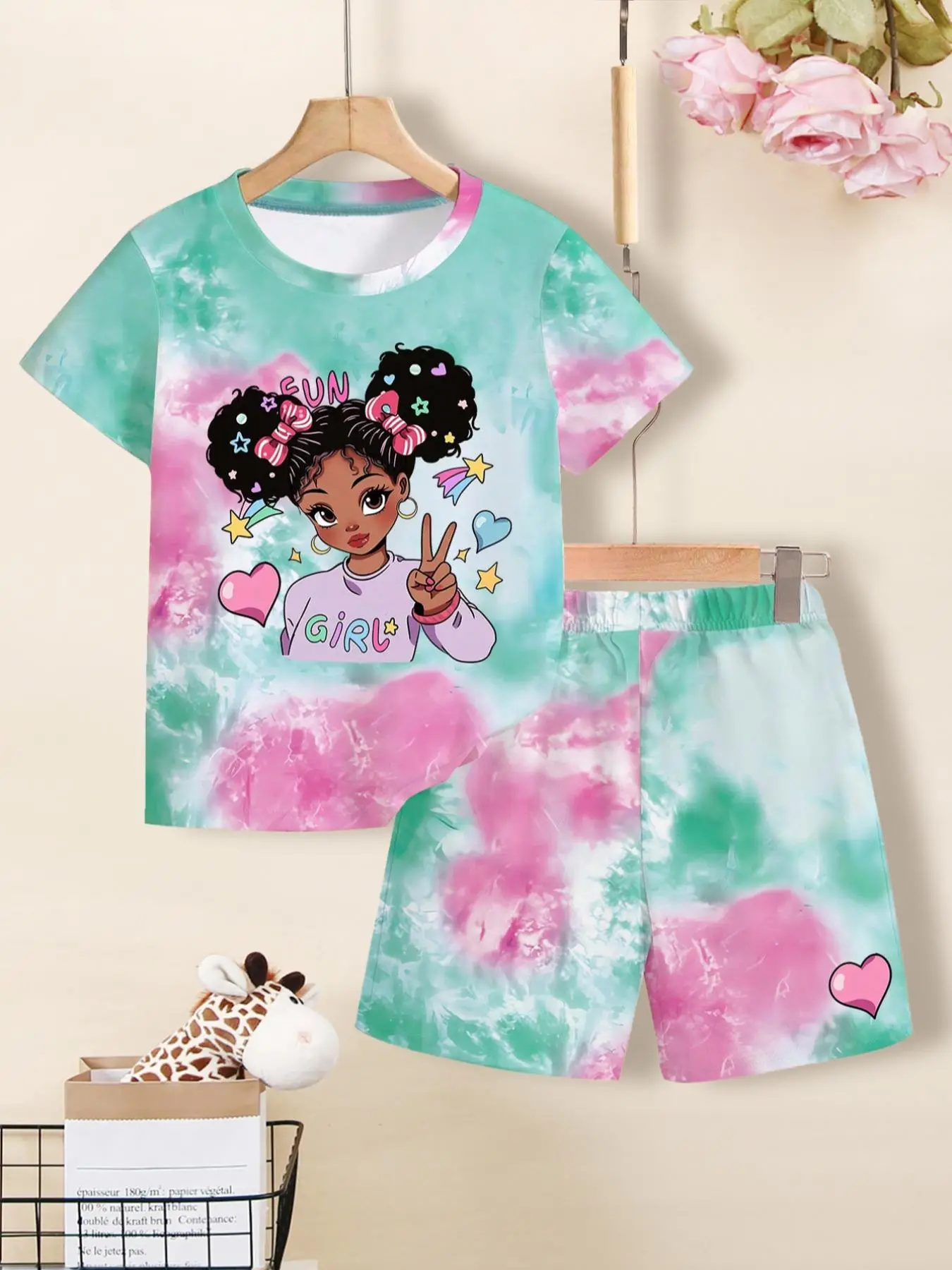 Girl's Cartoon Girl Print Short Sleeve Tee & Elastic Waist Shorts Two-piece Set, Casual Round Neck T-shirt & Shorts, Summer Outfits Clothes for Kids