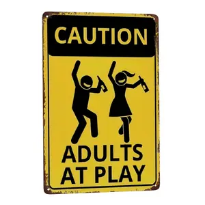2D Flat 1pc "Caution: Adults At Play" Humorous Metal Sign - Decorative Retro Wall Art for Bar, for Man Cave, Home - No Electricity Required, Pre-Drilled, Waterproof, Weather-Resistant Sign for Parties And Events Lightweight Room