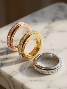 3-piece 18K anti-anxiety ring, fortune-turning rotating stress-relieving ring inlaid with zirconia to relieve anxiety # Jewelry/Stainless Steel/Fade-resistant/Allergy-proof/Couples/Festivals/Parties/Ideal Gift