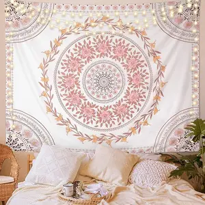 Mandala Tapestry Aesthetic,Boho Tapestry Wall Hanging,Pink Floral Medallion Tapestries,Bohemian Wall Art Hippie Decor for Bedroom Living Room Dorm