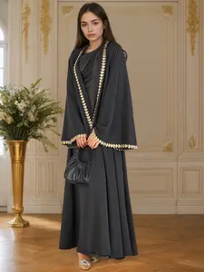 Women's Heart Embroidery Open Front Abaya, Elegant Long Sleeve Maxi Muslim Abaya, Modest Muslim Outfits, Modesty Muslim Clothing for Party Wedding Guest, Ladies Islamic Clothing for All Seasons