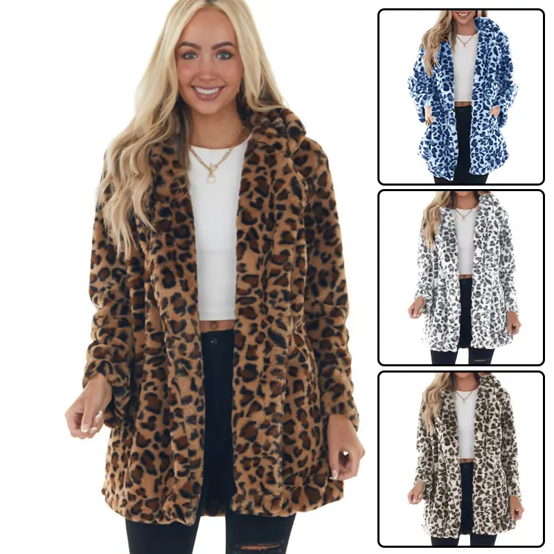 Women Leopard Print Faux Fur Coat Fluffy Mid Length Jacket Warm Outerwear