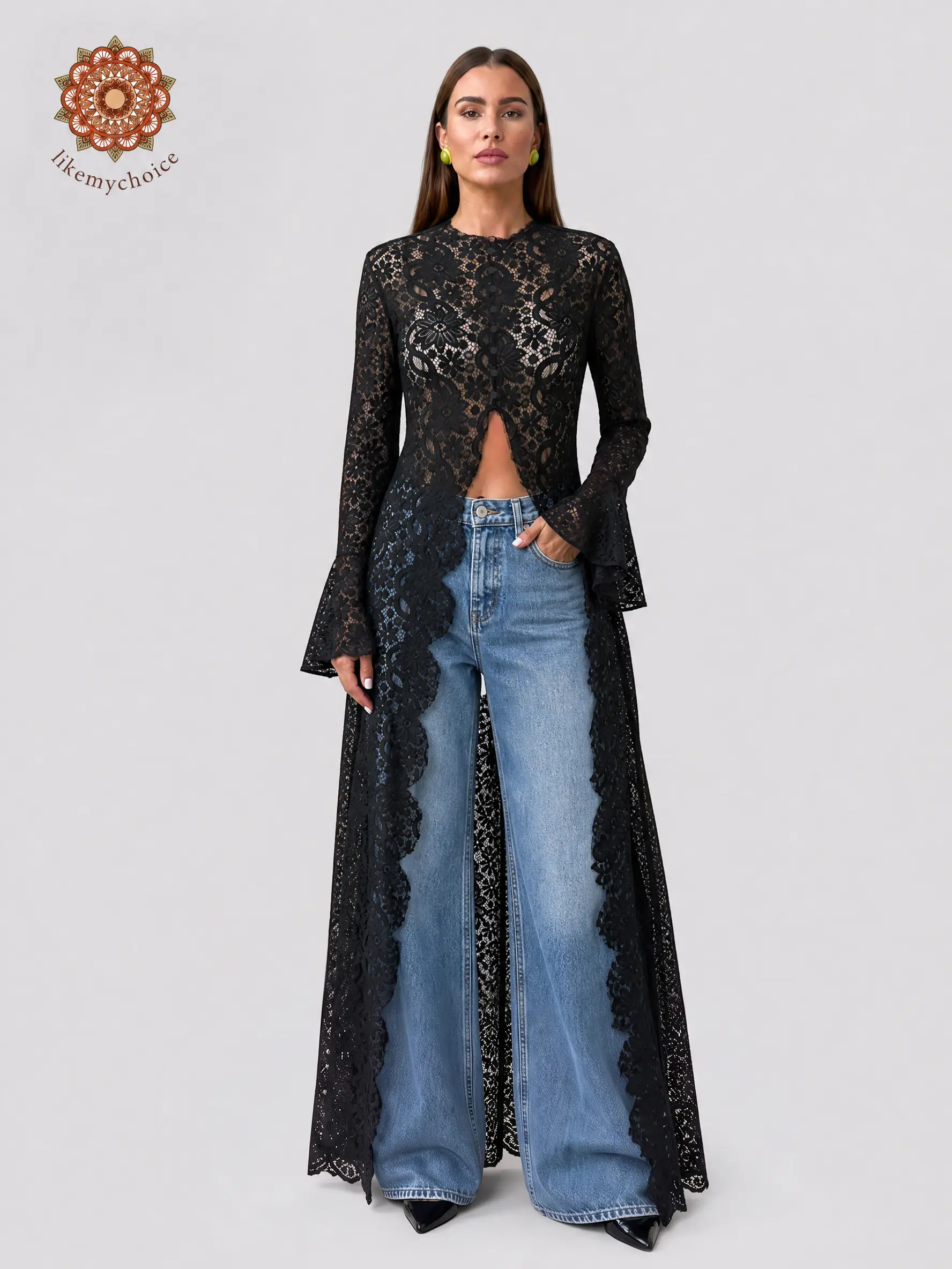 LikeMyChoice Long & Short Sleeve Lace Maxi Cover Up Hollow Out Floral Lace Long Duster Open Front Sheer Lace Kimono Top for Women