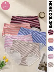 Women's Plus Size Striped Print Casual Everyday Underwear Set, Mid-Waist Elastic Breathable Butt Lifting, Comfortable Seamless Panties, 5 Pcs