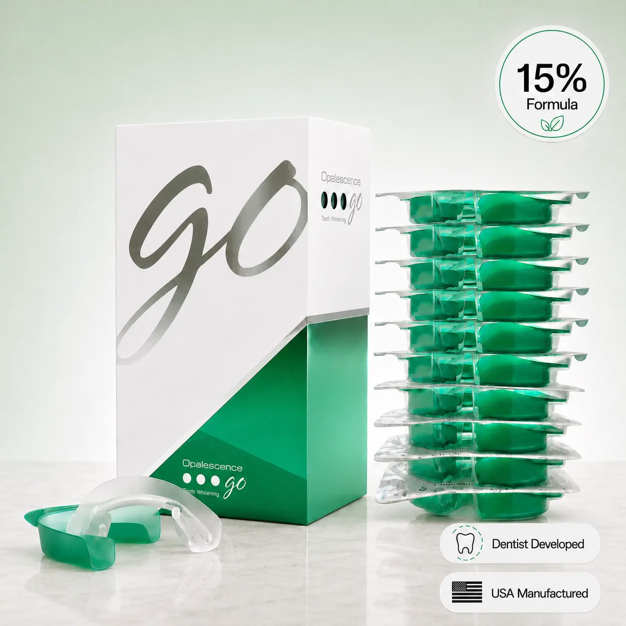 Opalescence Go 15% Hydrogen Peroxide Prefilled Teeth Whitening Trays - (10 Treatments) Oral Gel Ultradent Products. Teeth Whitening Kit - Mint