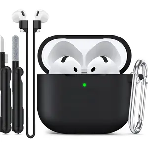 Compatible with AirPods 4 Case 2024 with Cleaner Kit,Soft Silicone Protective Case for Apple AirPods 4th Generation with Anti-Lost Rope for Women Men,AirPod Case Accessories with Keychain,Black Audio Charging Headphone Protection